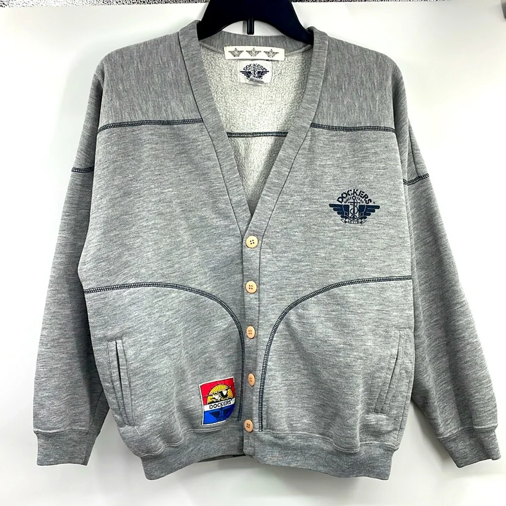 Vintage Dockers Levi’s gray patch sweatshirt cardigan Size tagged XL 20